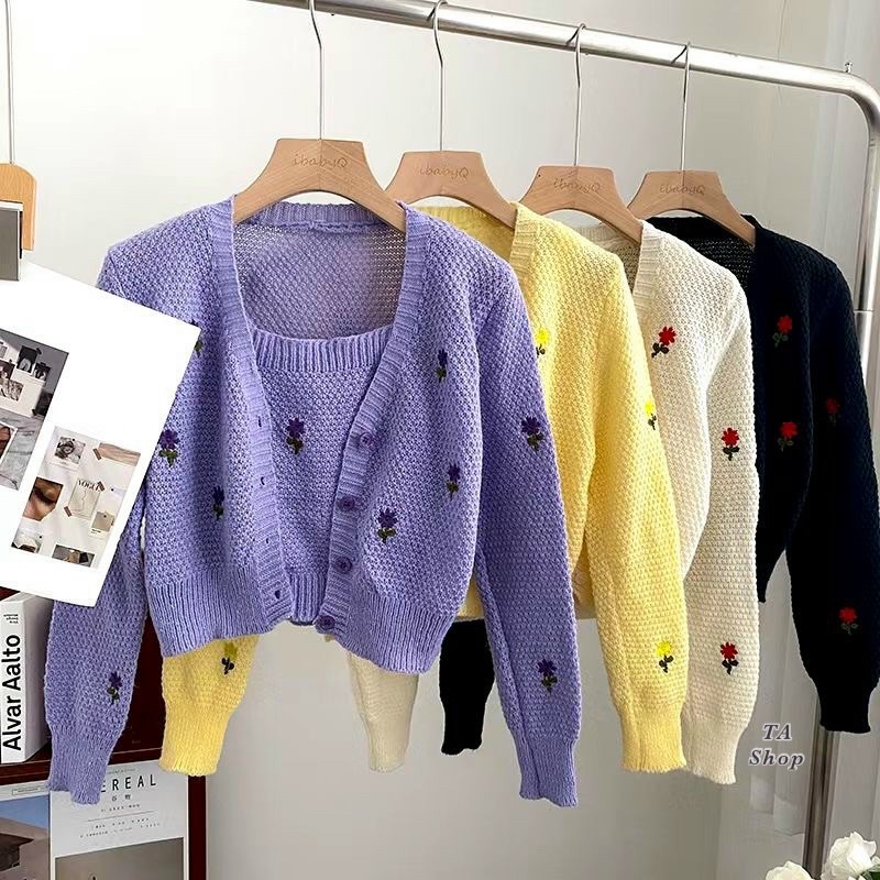 Set áo len cặp hai chi tiết ( áo len cadigan mix áo hai dây ) len đan sợi dày dặn