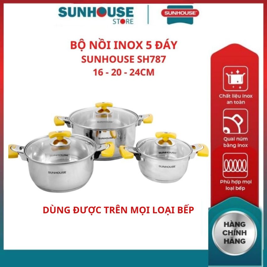 Bộ nồi inox 5 đáy từ SUNHOUSE SH787 bộ nồi bếp từ size 16 20 24CM chất liệu inox cao cấp chính hãng bảo hành - HAPOS