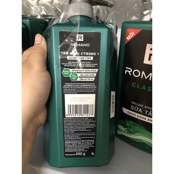 sữa tắm gội 2 in 1 Romano hương nước hoa 650g date 2026
