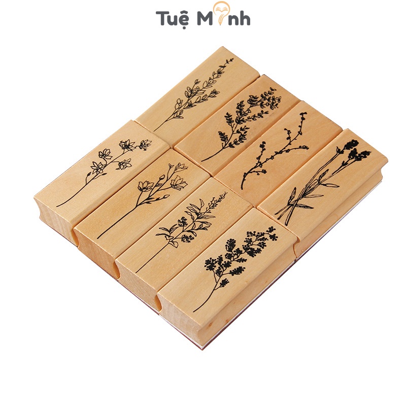 Con dấu gỗ Hoa lá Nghệ thuật phong cách Vintage cổ điển, dấu đóng in hình hoa Tuệ Minh