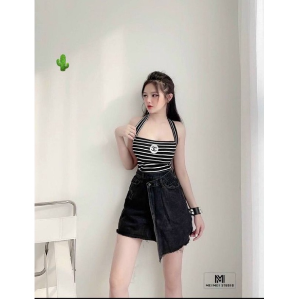 Áo dây trồng cổ có mút ngực thêu logo hoạ tiết sọc chất thun gân co giãn cam kết hàng y hình ( free size dưới 53kg)