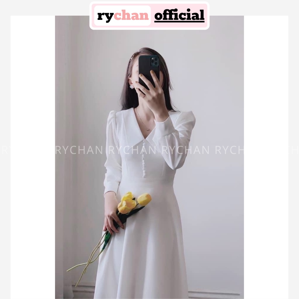 Đầm Xòe Midi Trắng Cổ Thủy Thủ Nút Bọc Tiểu Thư Lót Trong Dày Dặn [Ảnh Thật Cuối] - DX0081