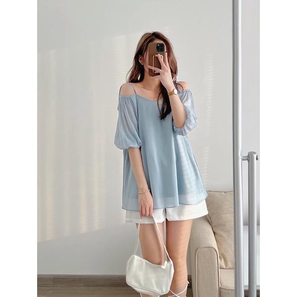 Áo trễ vai buộc dây vai tay bồng voan tơ mặc 2 kiểu