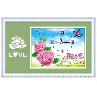 (ĐÃ ĐÍNH) Tranh đính đá thành phẩm ĐỒNG HỒ HOA HỒNG 50X39cm