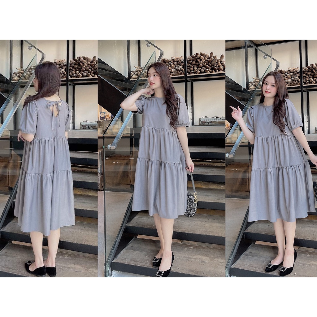 Đầm tầng dáng babydoll nơ sau, chất vải chéo dày dặn chị em bầu bí mặc thoái mái
