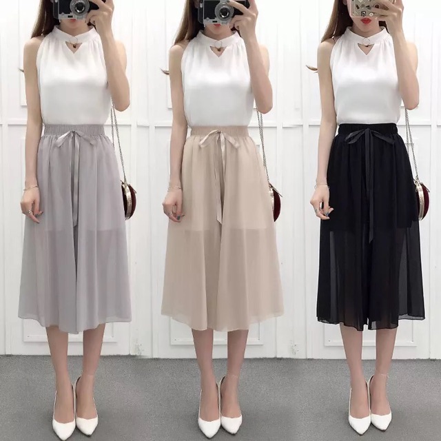 SẴN HÀNG | #889 Quần giả váy, Culottes, quần ống rộng voan kèm nơ lụa hàng Quảng Châu loại 1