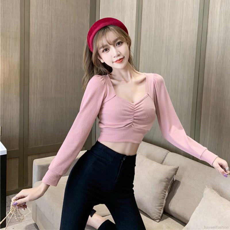 [Baywellfashion]Retro Square Collar Elastic Tight  Long Sleeve Crop Tops | BigBuy360 - bigbuy360.vn