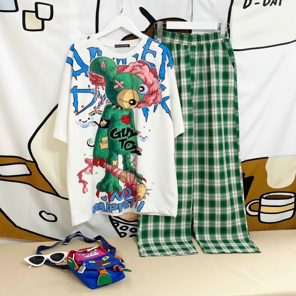 Set đồ bộ nữ quần caro kate ống rộng NHIỀU MẪU 2, đồ bộ hoạt hình Freesize Molly Fashion | BigBuy360 - bigbuy360.vn