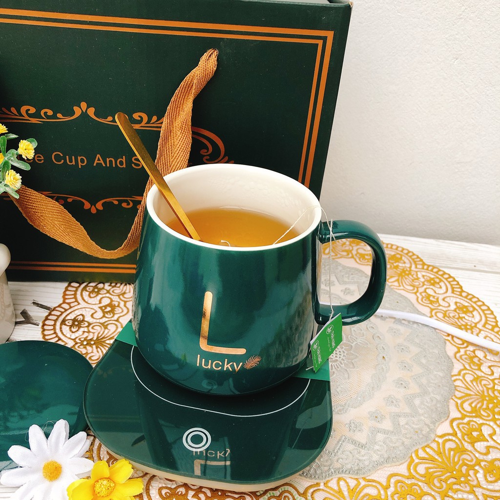 Bộ Hâm Nóng Đồ LUCKY  Giữ Nhiệt Hâm Nóng Đồ Uống 460ml Gồm Cốc, Đế Điện, Thìa Mạ Vàng Sang Chảnh