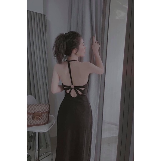 [FREESHIP] Đầm body len tăm cách điệu khoen lưng có mút sẵn duyên dáng ba màu xanh hồng đen