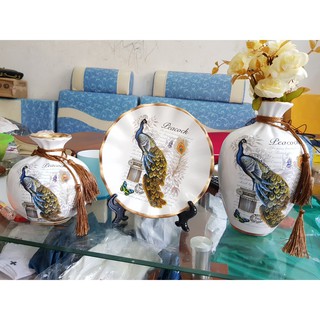 Bộ Ba Bình Gốm Trang Trí Kèm Hoa