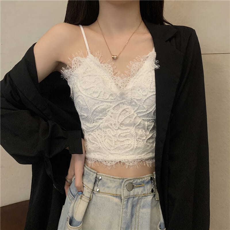 Áo lót ống màu trắng có đệm ngực phối ren phong cách Pháp thời trang cho nữ