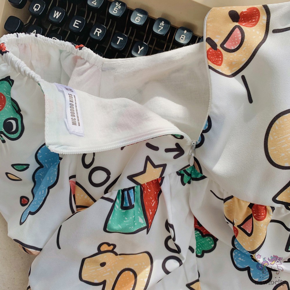 Đầm Tay Phồng Cổ Vuông In Họa Tiết Hoạt Hình Graffiti Phong Cách Hàn Quốc Cho Bé Gái