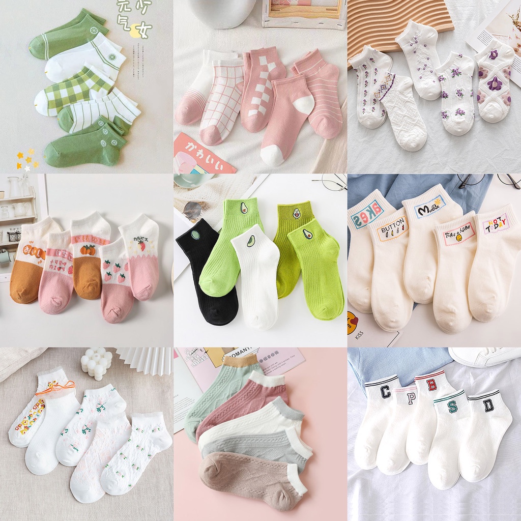 Set 5 đôi tất nữ cổ ngắn, vớ cổ ngắn nữ họa tiết trơn đơn giản cotton co giãn thời trang Hàn Quốc