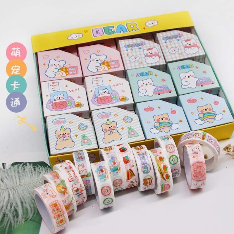 |sỉ| Lốc 24 hộp washi tape 15mm dài 5m gấu cute bé gái xinh xắn bơ avocado bear trang trí sổ tay planner bullet journal