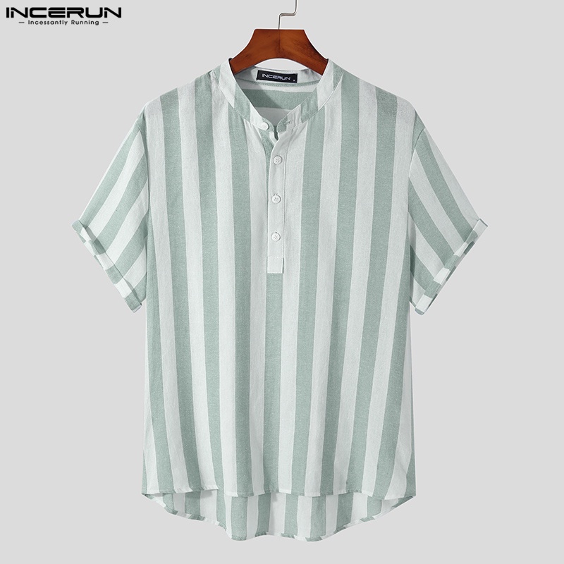 Áo sơ mi INCERUN ngắn tay họa tiết kẻ sọc đính nút 3 màu tùy chọn thời trang cho nam