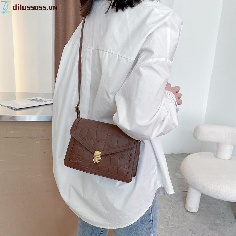 [DILUSSOSS] Túi đeo vai  Solid Color Retro Shoulder Bag Lock Stone Pattern Women PU Messenger Bags