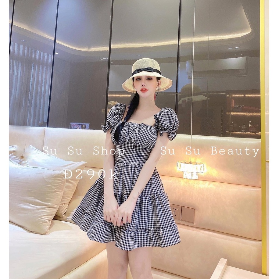 Đầm váy nữ xòe tay phồng cổ vuông xếp tầng sọc caro chất liệu kate thời trang nữ năng động trẻ trung