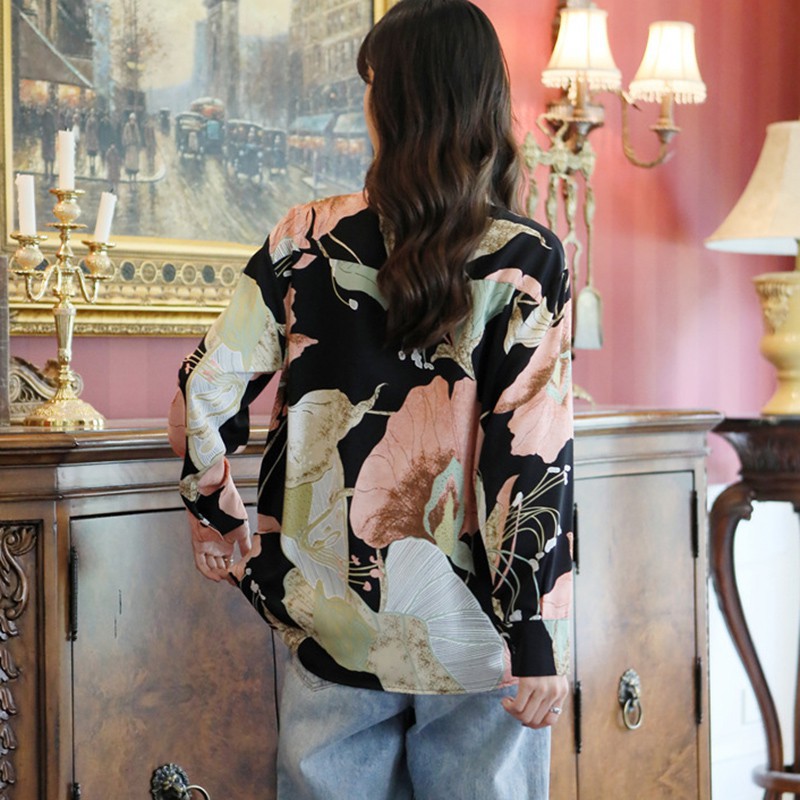 Áo Sơ Mi Voan Tay Dài Dáng Rộng In Họa Tiết Hoa Thanh Lịch Phong Cách Retro Cho Nữ