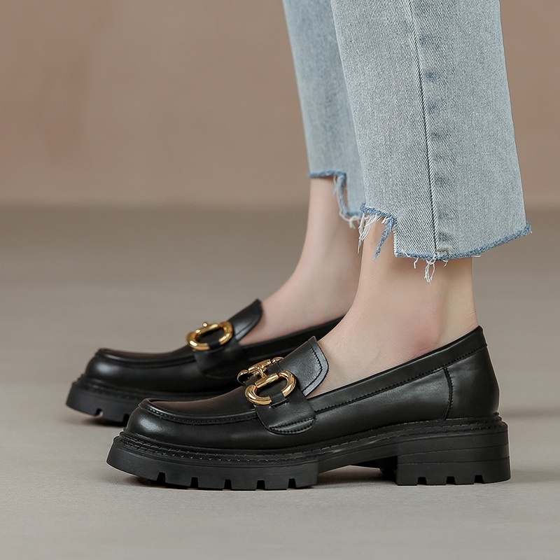 Giày Lười Da Bóng Mũi Tròn Đế Bằng 4cm Phong Cách retro Anh Quốc Thời Trang