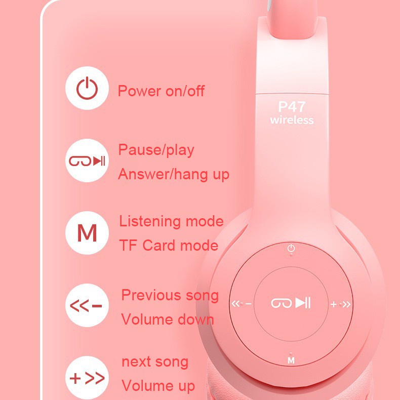 Tai Nghe Chụp Tai Mèo,Tai Nghe Bluetooth P47M Tai Mèo Có Đèn Led Phát Sáng Full Chức Năng,Âm Bass Cực Hay