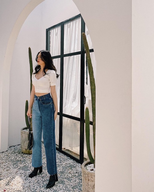 Áo Thun Gân Croptop Nhún Ngực Tay Phồng Co Giản