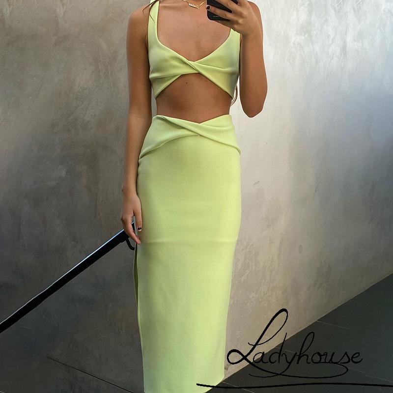 Ld Set Đồ 2 Món Gồm Áo Hai Dây Ngắn Màu Trơn Và Váy Dài Ôm Hông Màu Trắng / Xanh Lá / Cam Dành Cho Bạn Nữ