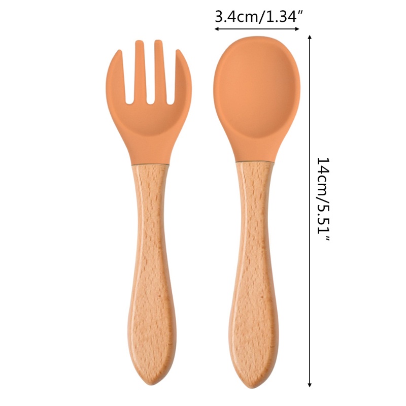 Bộ 2 Muỗng Nĩa Silicone Cấp Thực Phẩm Tay Cầm Gỗ Cho Bé Tập Ăn