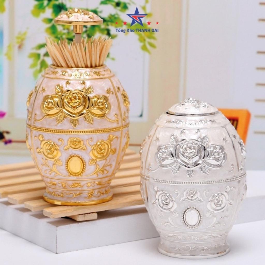 Lọ đựng tăm cao cấp hàng đẹp - Lọ tăm hợp kim hoàng gia mạ vàng hoa văn tân cổ điển