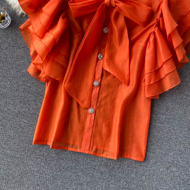 Áo sơ mi cổ nơ tay bèo tầng ulzzang   200421