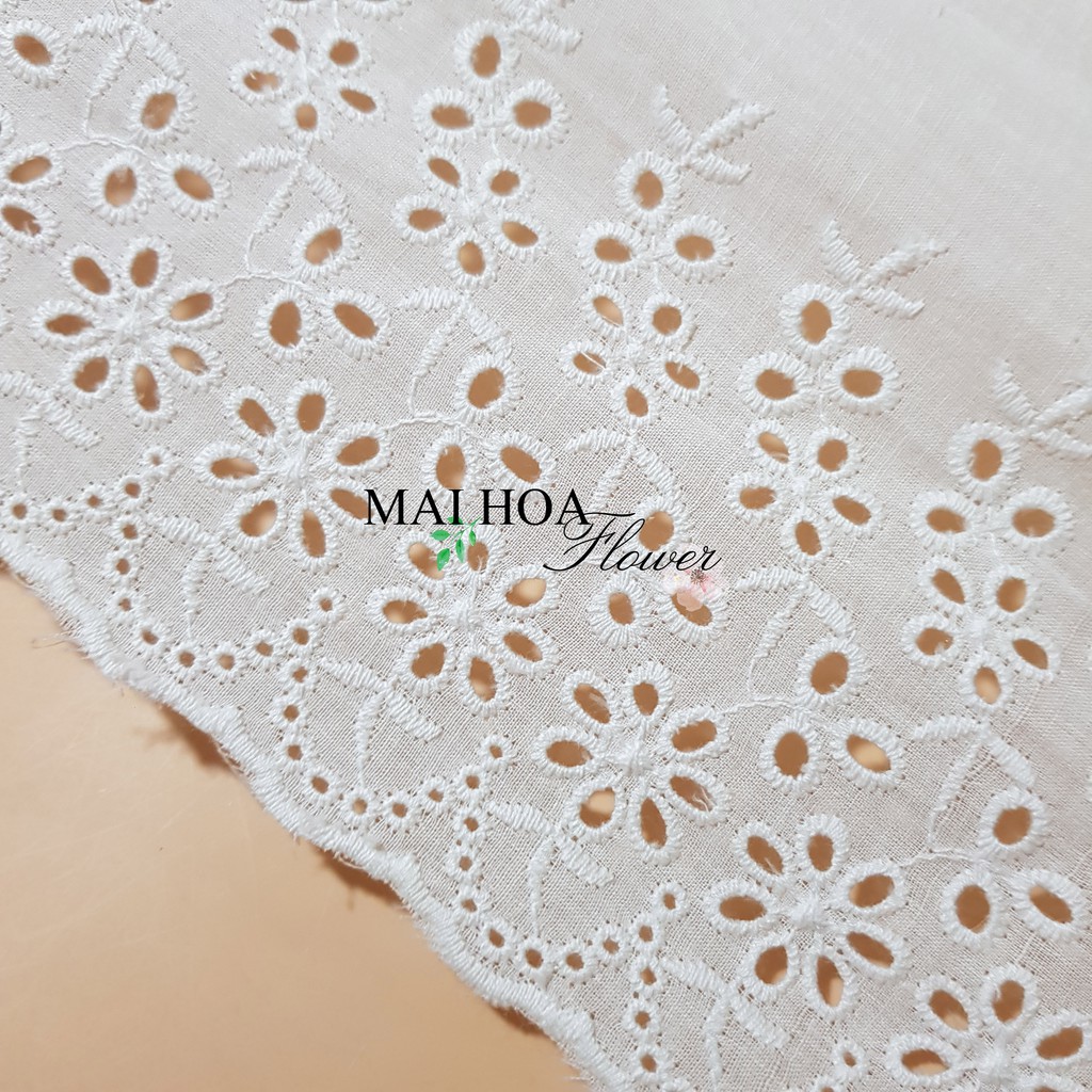 [Rộng 18cm] Dây ren viền trang trí quần áo chất liệu vải boi trắng thêu hoa dài 13 mét maihoafabric