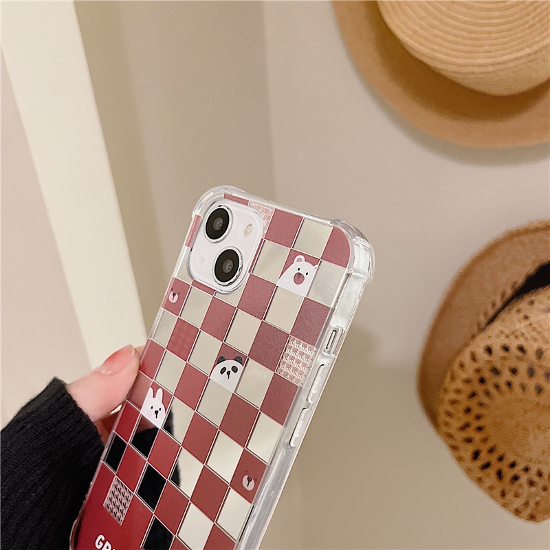 Ốp Điện Thoại Tráng Gương Họa Tiết Kẻ Ô Hình Gấu Cho Apple Iphone 13 Pro Max x/6/7/8