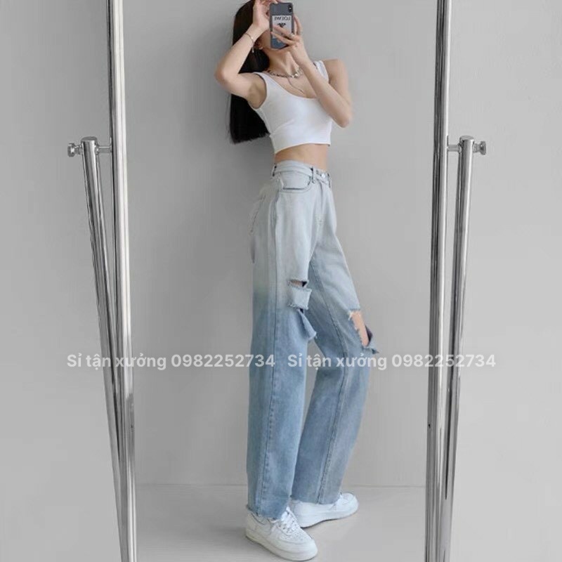 Quần jean suông nữ lưng cao rách gối, quần bò ống rộng loang màu chất xịn phong cách Hàn Quốc 9612