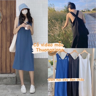 [Ảnh thật/Video] Váy suông đai to bắt chéo lưng Đầm hai dây bản to