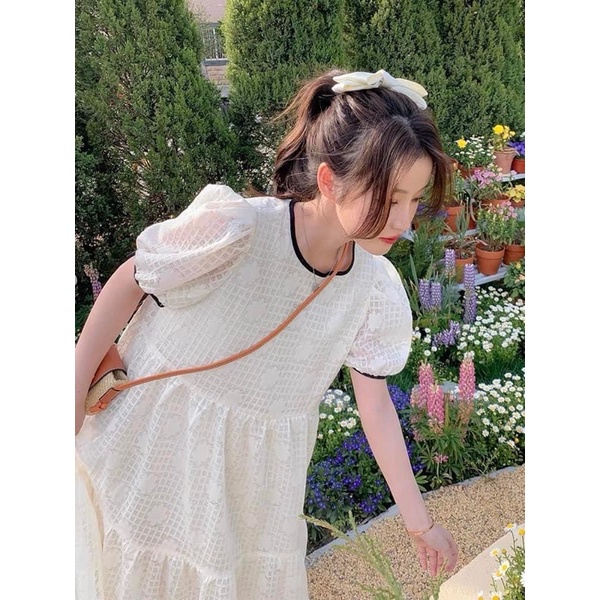 Váy babydoll cộc tay viền cổ đen tay nơ tiểu thư