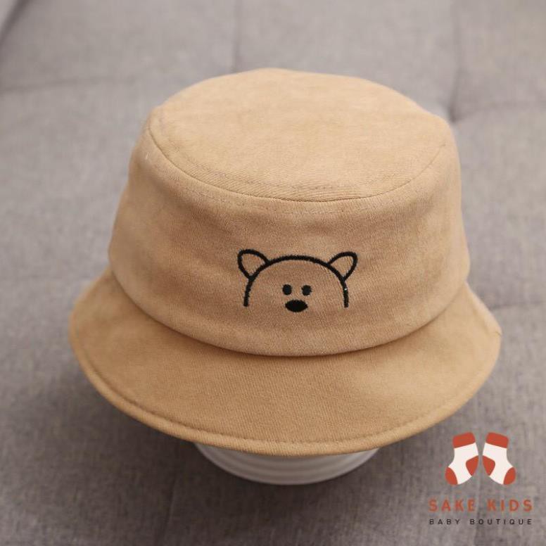 Mũ Vải Cho Bé - Mũ vành tròn thêu hình Gấu có quai phong cách Hàn Quốc cho bé trai bé gái từ 1-3 tuổi