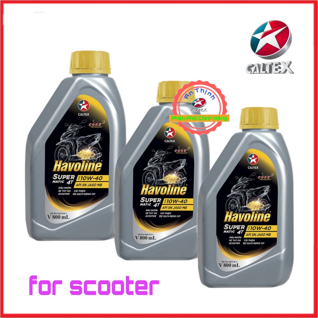 Dầu Nhớt Xe Ga Scooter Bán Tổng Hợp Caltex Havoline Super Matic 4T Semi-Synthetic SAE-10W40 API-SN JASO-MB V-800ml