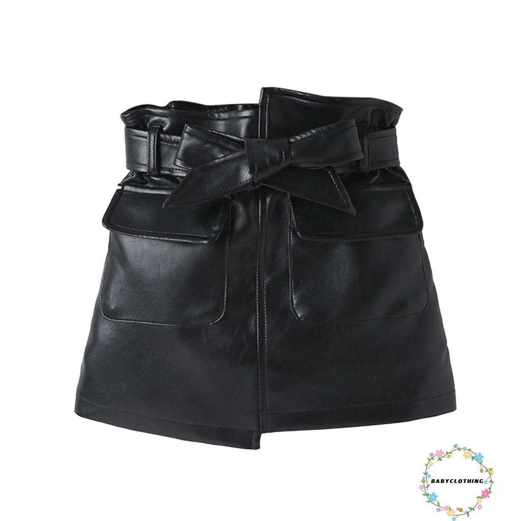 Chân váy ngắn da PU dáng chữ A lưng cao màu trơn có túi và dây thắt lưng thời trang thu đông dành cho bé gái