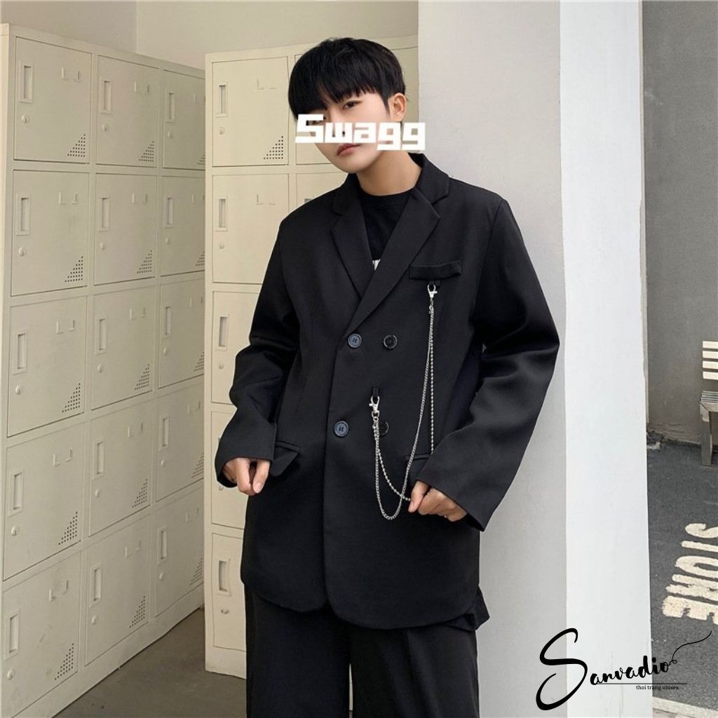 Áo Blazer Nam SANVADIO Áo khoác nam phong cách Hàn Quốc kèm phụ kiện dây xích áo form rộng phù hợp cho cả nam nữ BLZ283