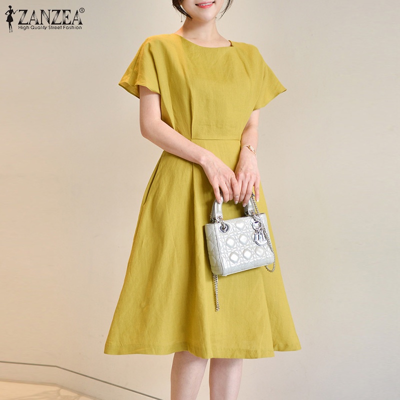 Đầm midi Zanzea cotton ngắn tay cổ tròn xếp ly eo cao phong cách Hàn Quốc thời trang cho nữ có túi bên hông