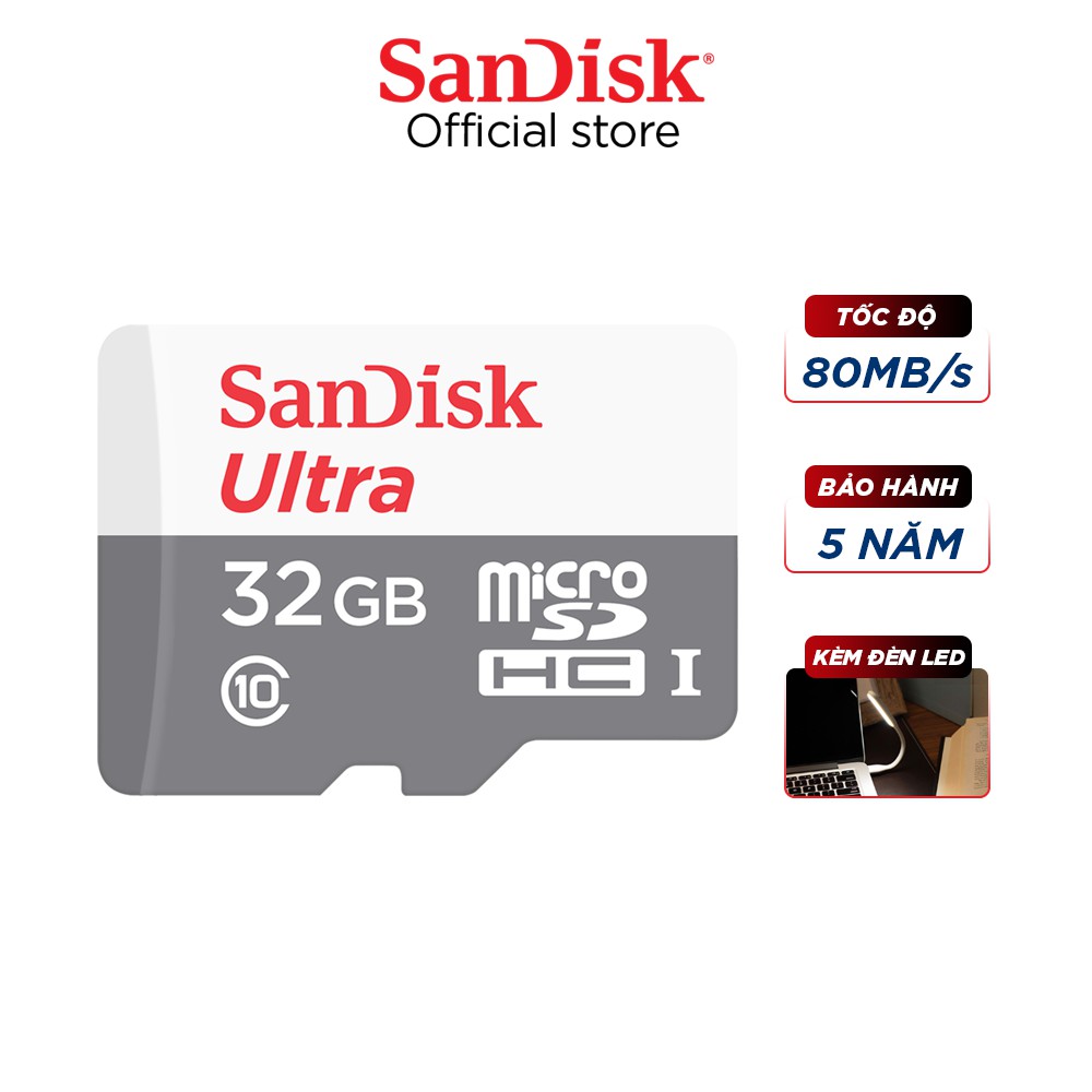 [Mã ELWDSD giảm 8% tối đa 200K] Thẻ nhớ microSDHC Sandisk 32GB upto 80MB/s 533X Ultra UHS-I tặng đèn LED USB