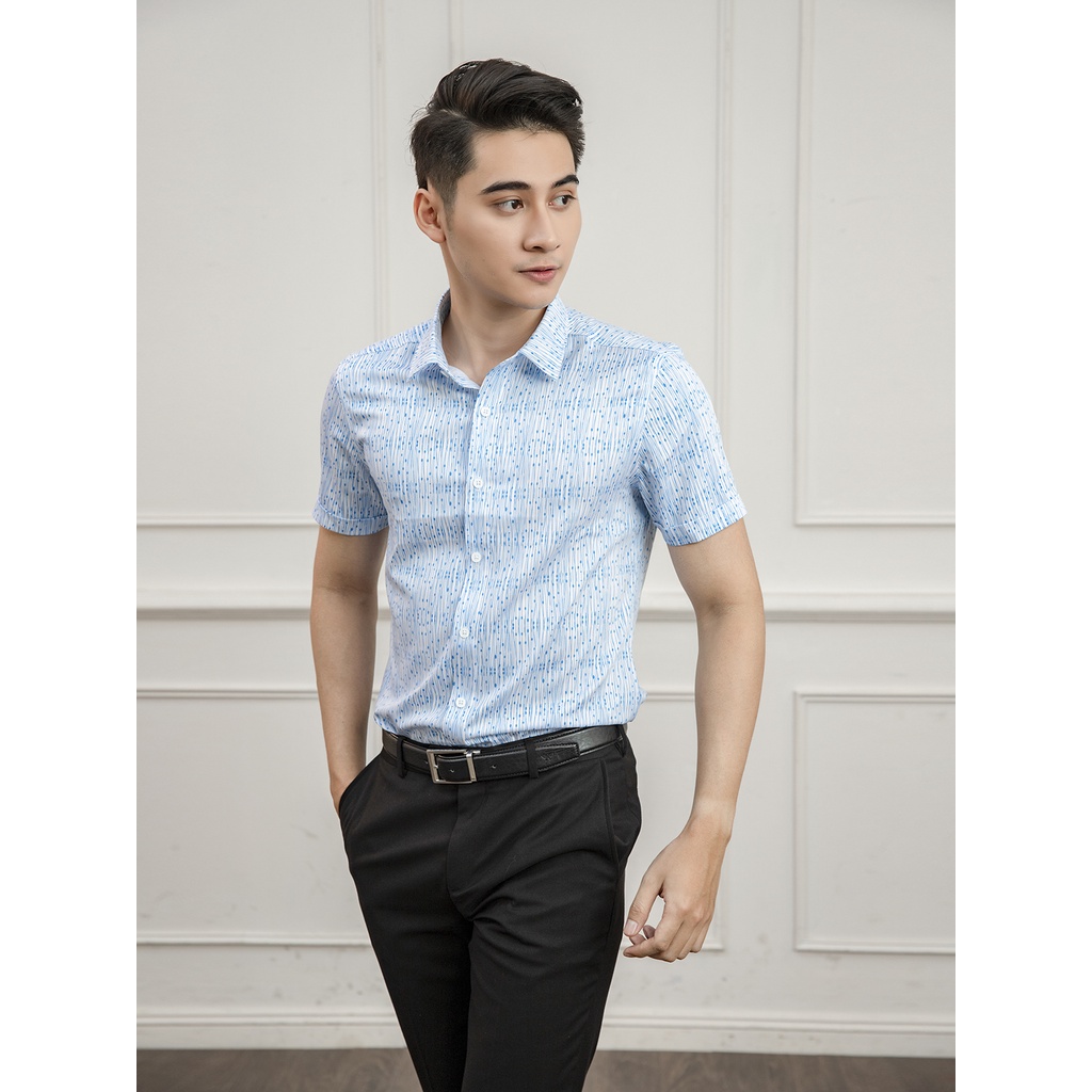 Áo sơ mi nam ngắn tay họa tiết sọc chấm xanh ARSTINO phom ôm nhẹ, mặt vải mềm thoáng khí - ASS090S1