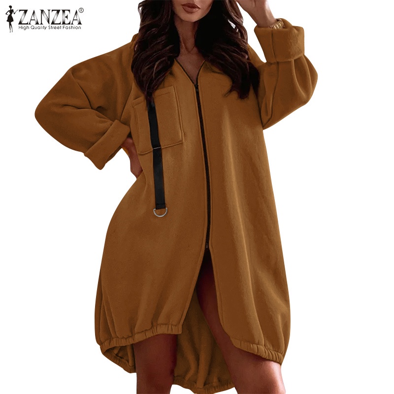 Áo khoác ZANZEA có mũ trùm dáng dài tay dài màu trơn phối khóa kéo trước thời trang thường ngày cho nữ