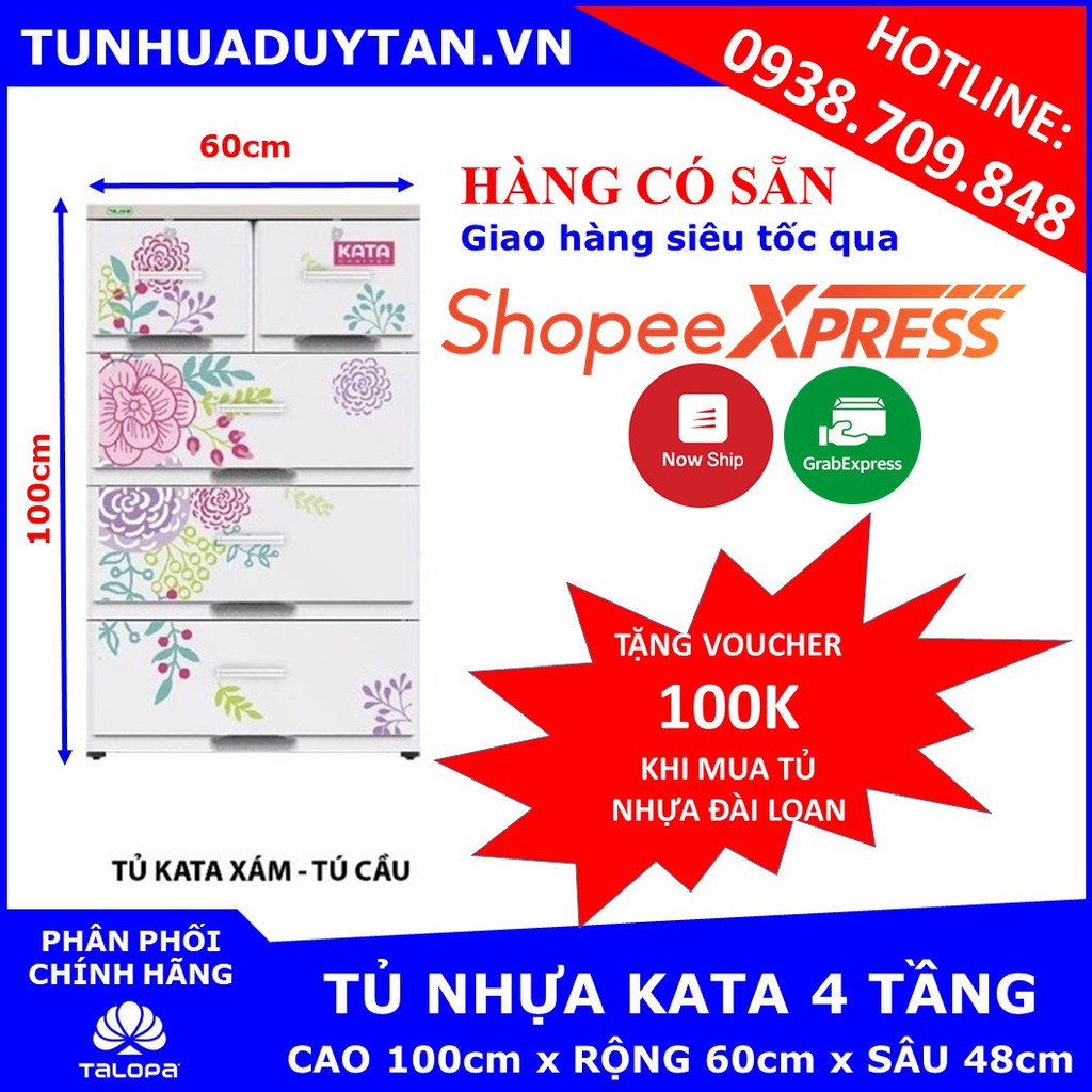 [HÀNG CÓ SẴN] Tủ nhựa KATA 4 tầng ( 60cm x 48cm x 100cm ) TẶNG thêm VOUCHER 100K mua tủ nhựa đài loan