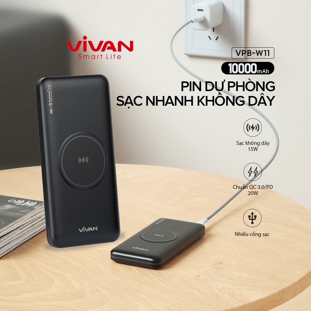 Pin Sạc Dự Phòng Không Dây 10000mAh VIVAN VPB-W11 Công Suất Lớn 20W Hỗ Trợ Sạc Nhanh QC 3.0 PD Của Android iOS