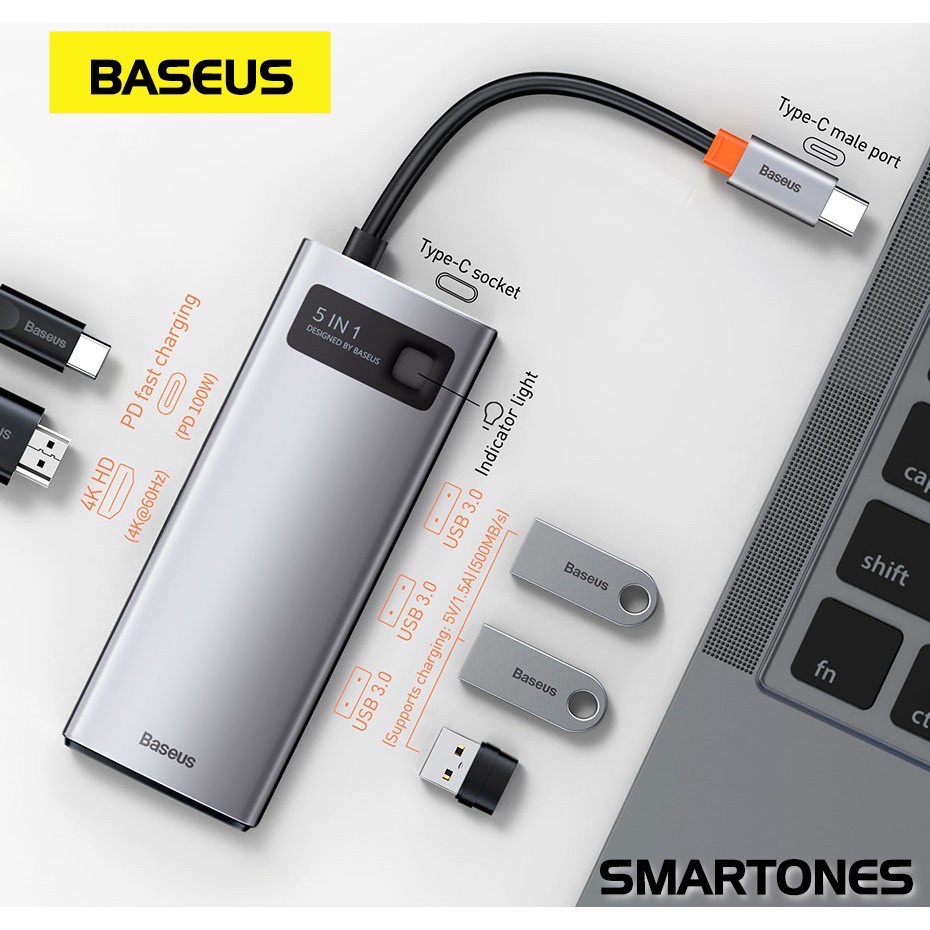 Bộ chuyển đổi hub baseus 5 in 1 typec to hdmi 4k  3 chân usb 3.0 pd 100w cho laptop macbook chính hãng baseus