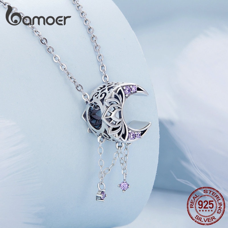 BAMOER Hạt Charm bạc 925 Hình Hoa Đính Đá Zircon Màu Tím