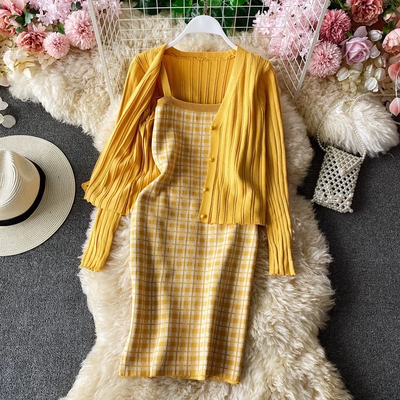 Đầm dây sọc caro + khoác tay dài, Set đầm kèm khoác