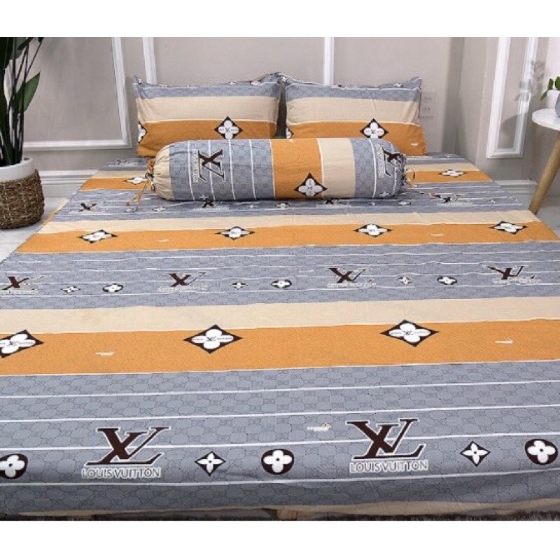 drap cotton Thắng Lợi, ga trãi giường (1 ga +3 vỏ gối ) chuẩn logo mẫu LV CAM