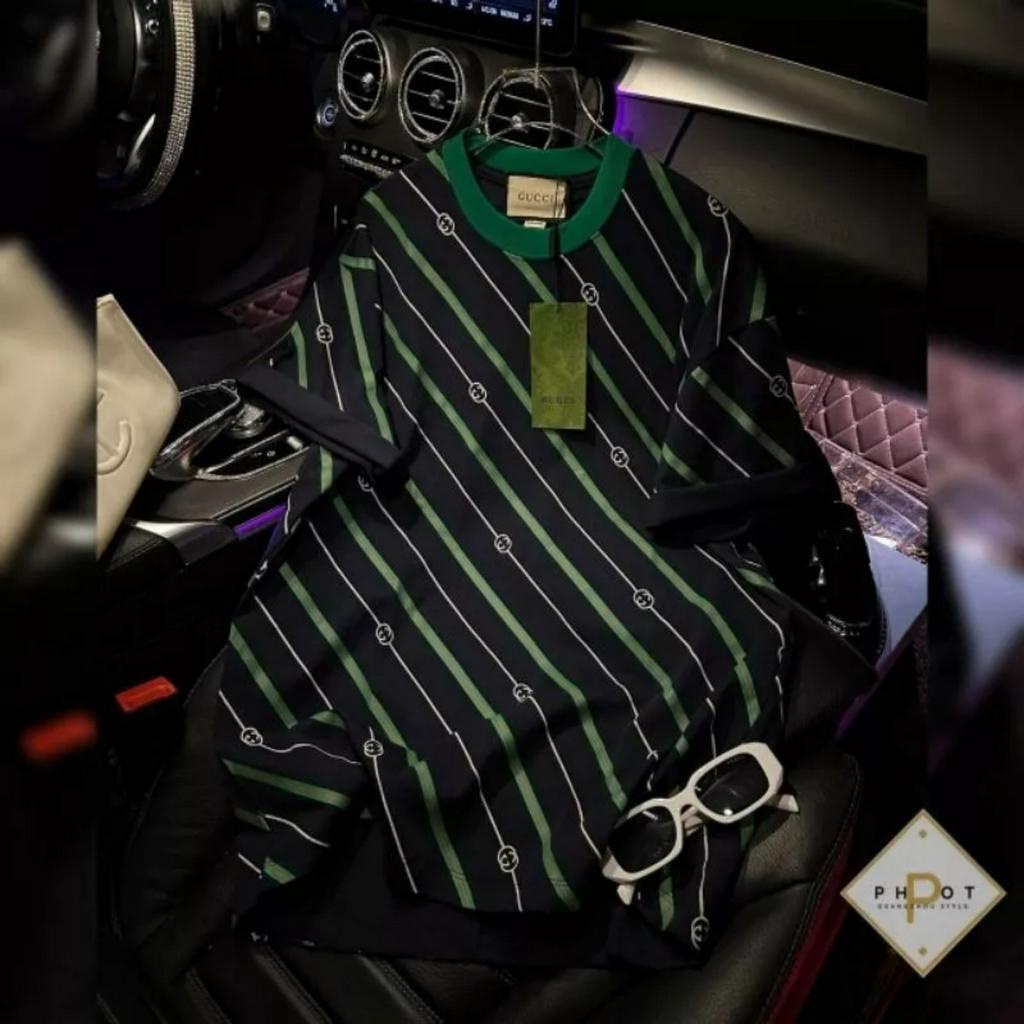 Áo Thun GG Kẻ Chéo ❤ Áo Phông Cotton Khô 3158 Dày Dặn Nam Nữ NVA405